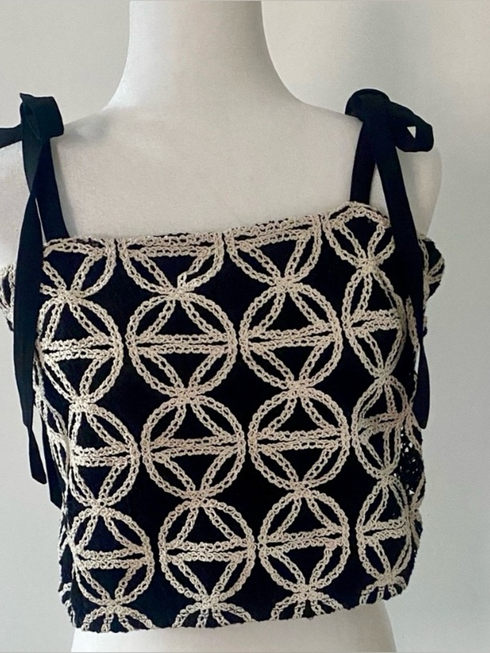 Express Black Cream Crochet Crop Top Bow Strap Square Neck Size M